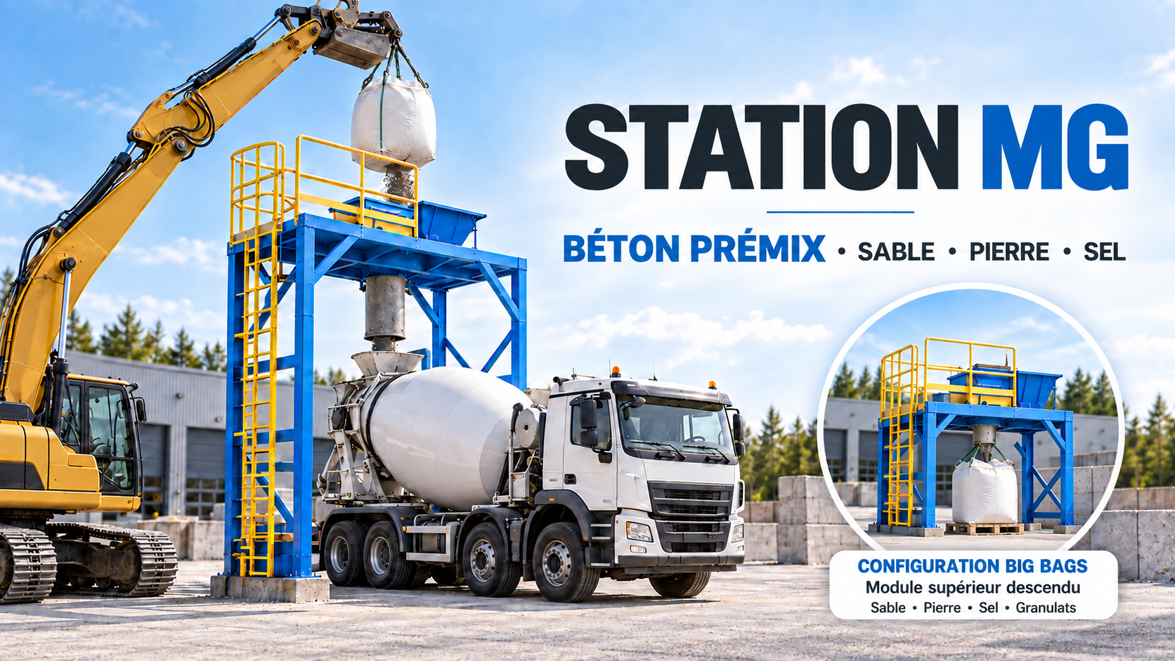 Illustration de la station MG en configuration haute pour charger un camion et en configuration basse pour remplir un big bag sur palette