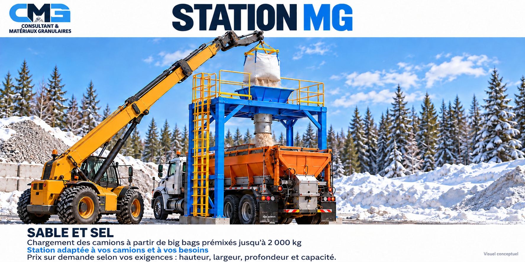 Visuel conceptuel de la Station MG bleue et jaune : un big bag de sable et sel est vidé dans la trémie pour charger une saleuse